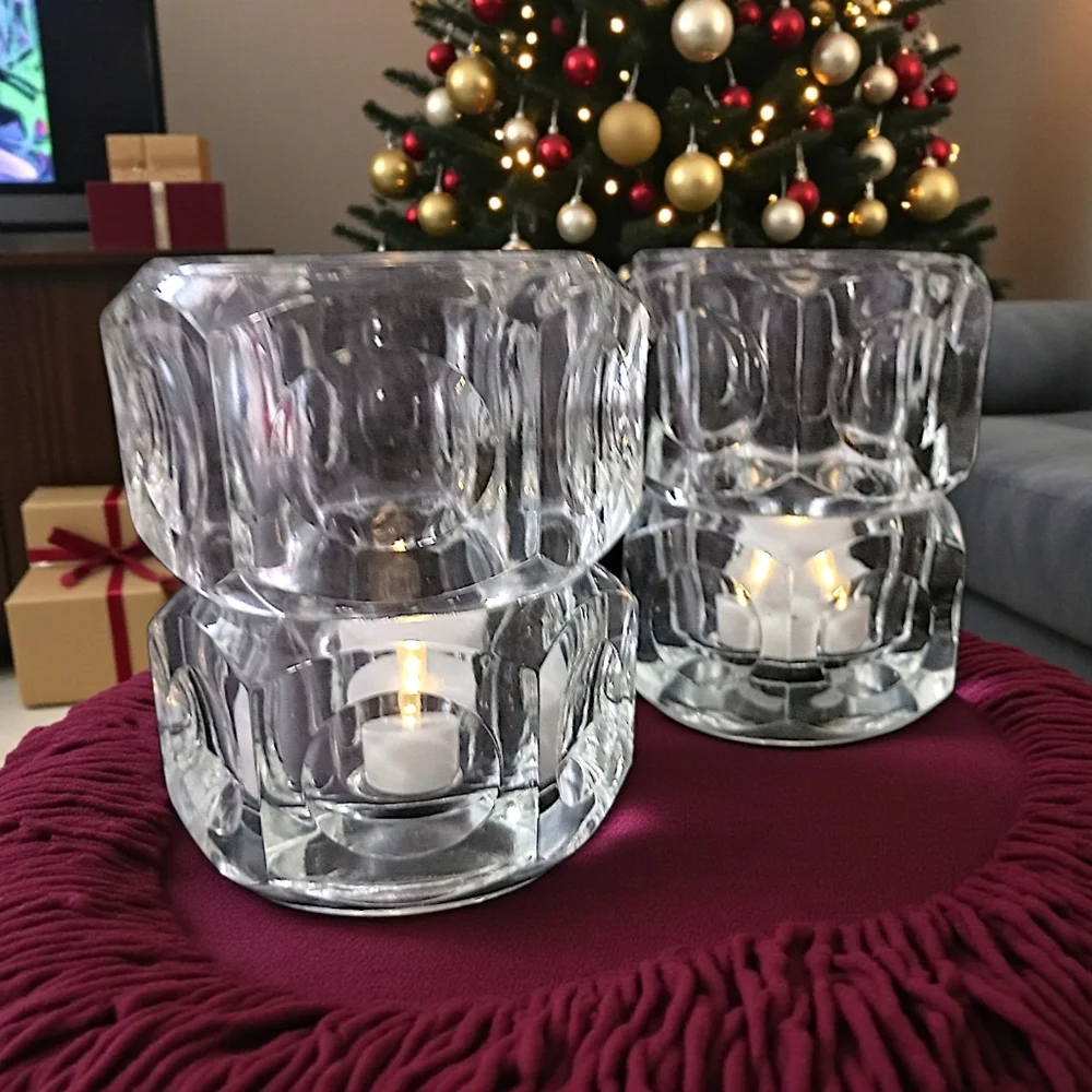 2 Vtg Modernist Crystal Candle Holders Block Cube Bohemia Glass Cubist Icy Clear